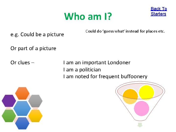 Who am I? e. g. Could be a picture Could do ‘guess what’ instead