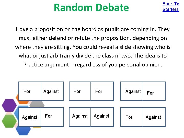 Random Debate Back To Starters Have a proposition on the board as pupils are