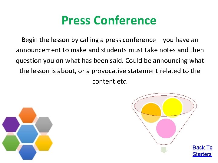 Press Conference Begin the lesson by calling a press conference – you have an