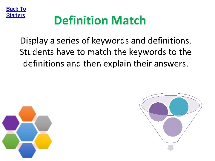 Back To Starters Definition Match Display a series of keywords and definitions. Students have