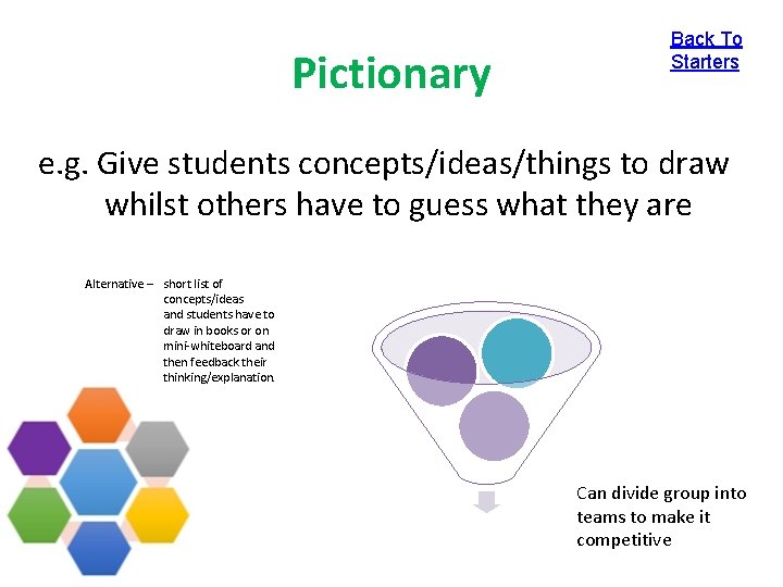 Pictionary Back To Starters e. g. Give students concepts/ideas/things to draw whilst others have