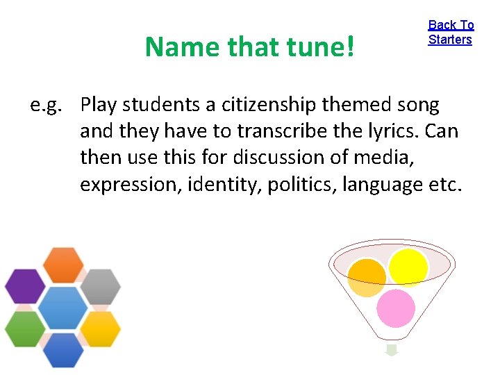 Name that tune! Back To Starters e. g. Play students a citizenship themed song