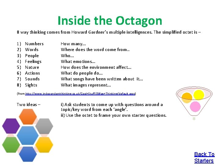 Inside the Octagon 8 way thinking comes from Howard Gardner’s multiple intelligences. The simplified