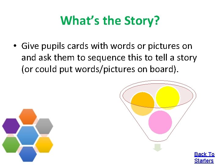 What’s the Story? • Give pupils cards with words or pictures on and ask