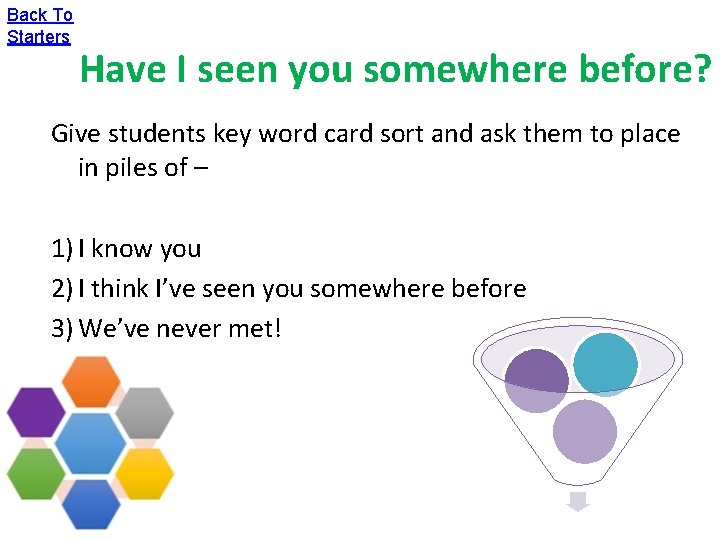 Back To Starters Have I seen you somewhere before? Give students key word card