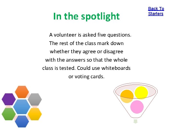 In the spotlight A volunteer is asked five questions. The rest of the class