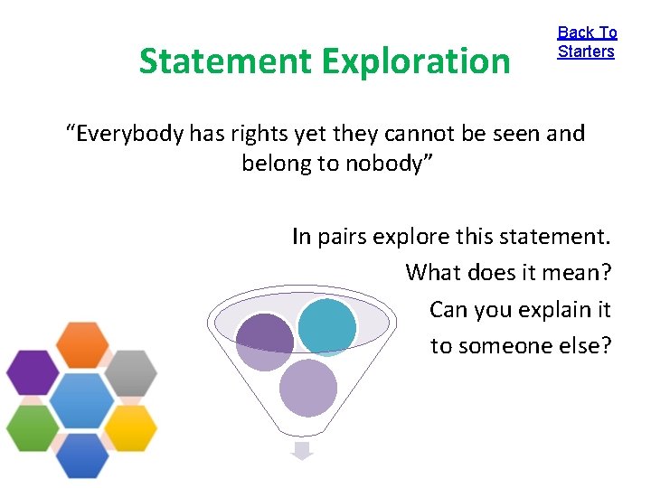 Statement Exploration Back To Starters “Everybody has rights yet they cannot be seen and