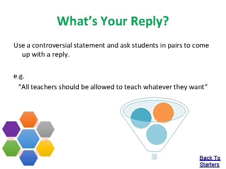 What’s Your Reply? Use a controversial statement and ask students in pairs to come