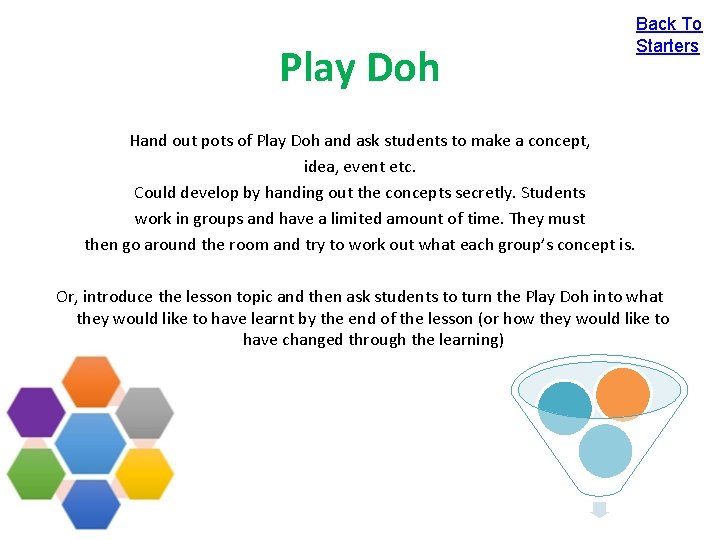 Play Doh Back To Starters Hand out pots of Play Doh and ask students