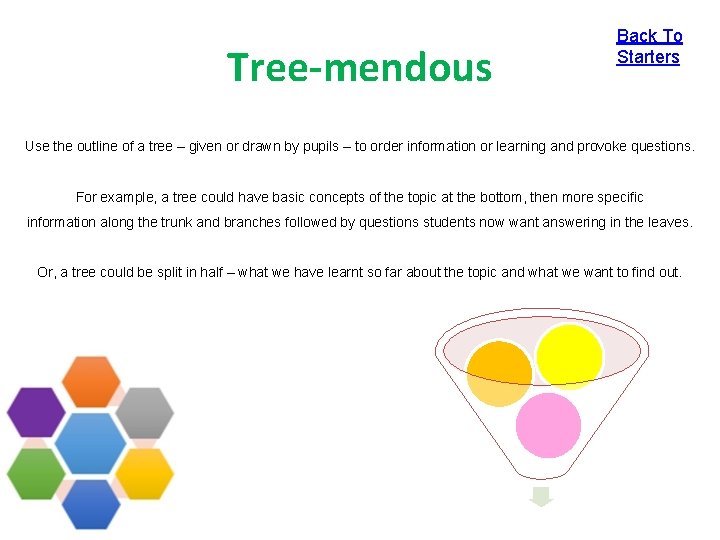 Tree-mendous Back To Starters Use the outline of a tree – given or drawn