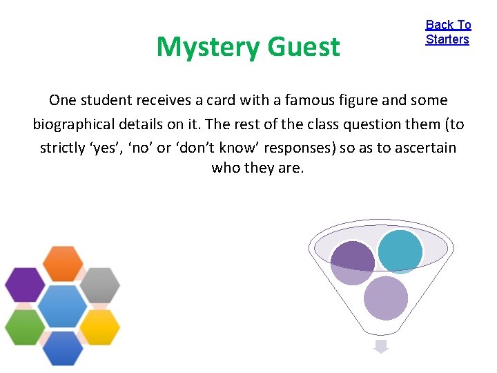 Mystery Guest Back To Starters One student receives a card with a famous figure