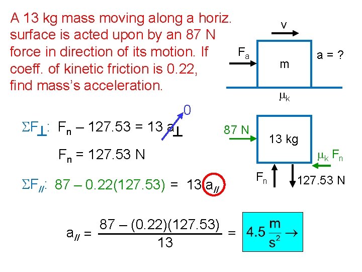 A 13 kg mass moving along a horiz. surface is acted upon by an