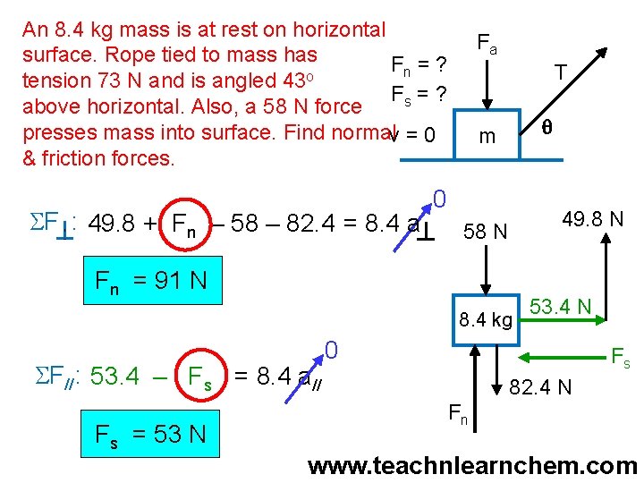 An 8. 4 kg mass is at rest on horizontal surface. Rope tied to