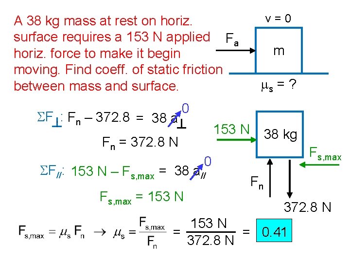 A 38 kg mass at rest on horiz. surface requires a 153 N applied