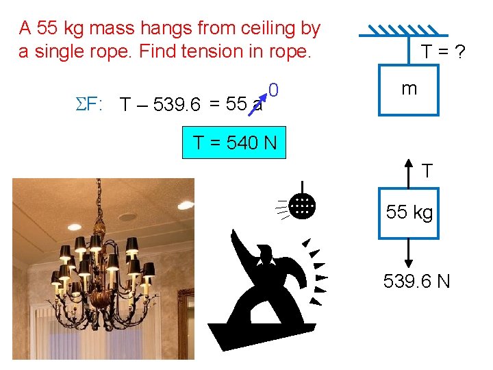 A 55 kg mass hangs from ceiling by a single rope. Find tension in