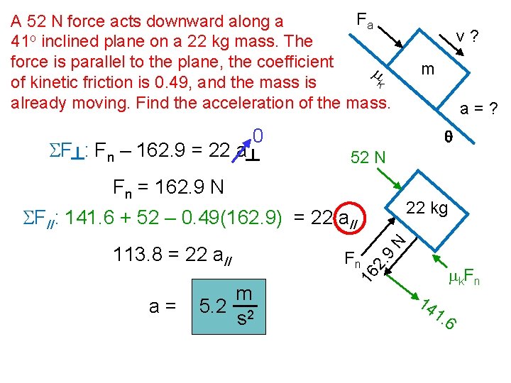 Fa A 52 N force acts downward along a 41 o inclined plane on