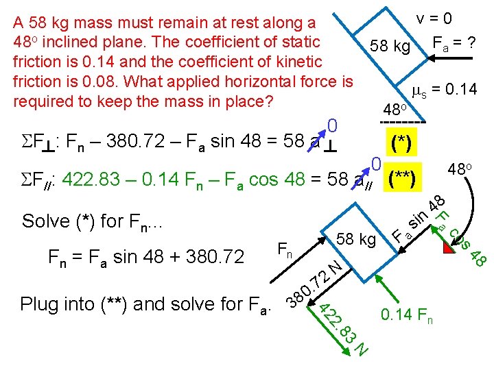 A 58 kg mass must remain at rest along a 48 o inclined plane.
