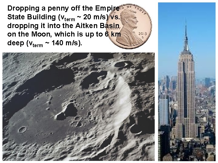 Dropping a penny off the Empire State Building (vterm ~ 20 m/s) vs. dropping