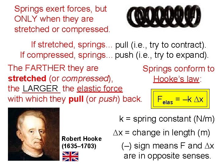 Springs exert forces, but ONLY when they are stretched or compressed. If stretched, springs…