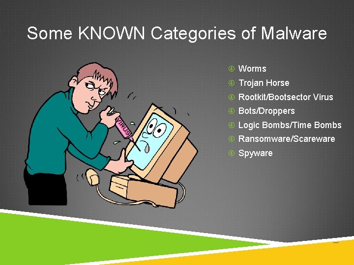 Some KNOWN Categories of Malware Worms Trojan Horse Rootkit/Bootsector Virus Bots/Droppers Logic Bombs/Time Bombs