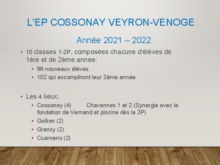 L’EP COSSONAY VEYRON-VENOGE Année 2021 – 2022 • 10 classes 1 -2 P, composées