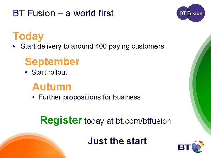 BT Fusion – a world first Today • Start delivery to around 400 paying