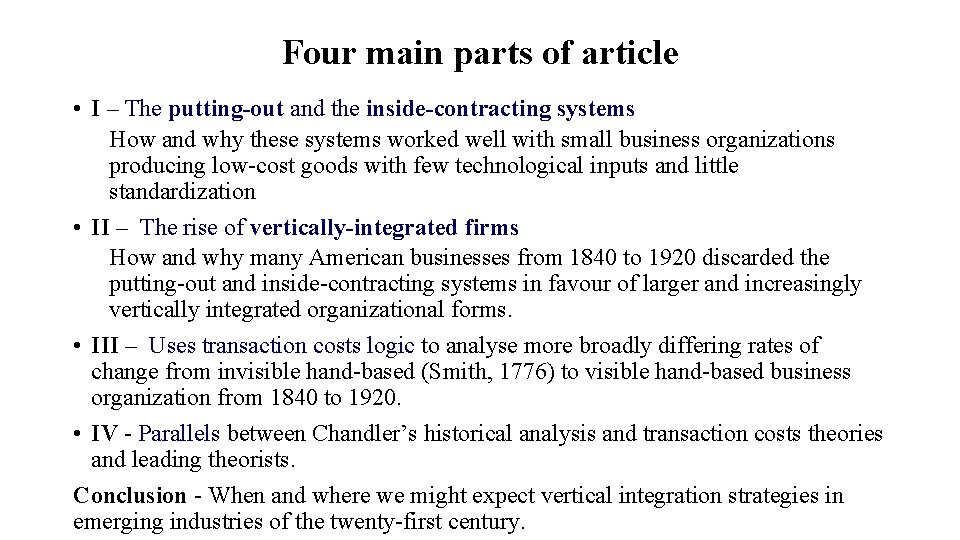 Four main parts of article • I – The putting-out and the inside-contracting systems