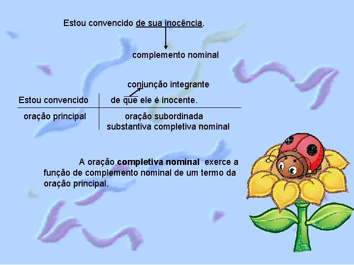 Estou convencido de sua inocência. complemento nominal conjunção integrante Estou convencido oração principal de Estou convencido de sua inocência. complemento nominal conjunção integrante Estou convencido oração principal de