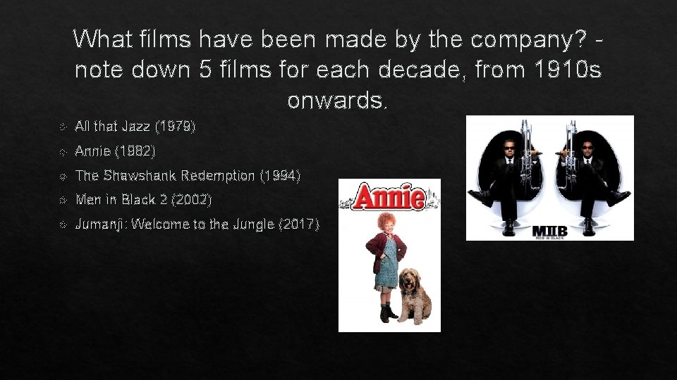 What films have been made by the company? note down 5 films for each