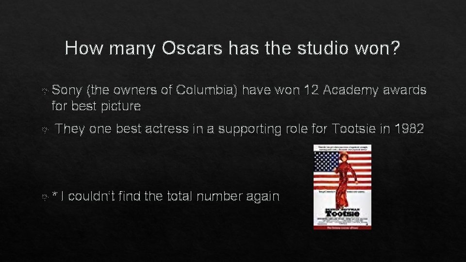 How many Oscars has the studio won? Sony (the owners of Columbia) have won