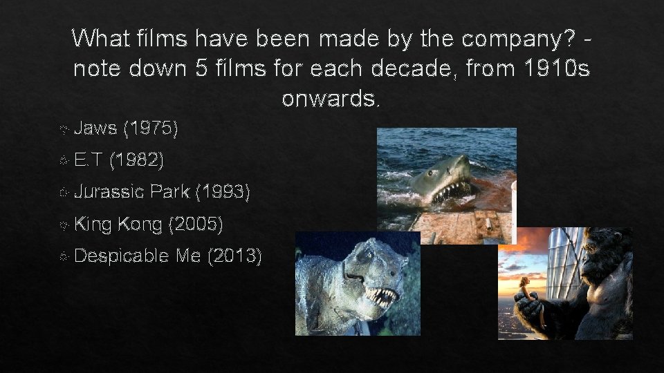What films have been made by the company? note down 5 films for each