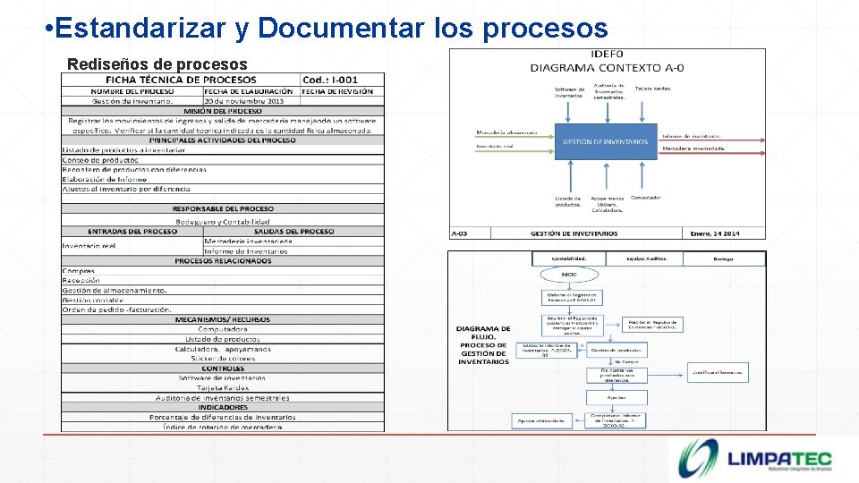  • Estandarizar y Documentar los procesos Rediseños de procesos 