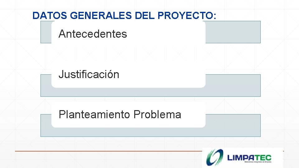 DATOS GENERALES DEL PROYECTO: Antecedentes Justificación Planteamiento Problema 