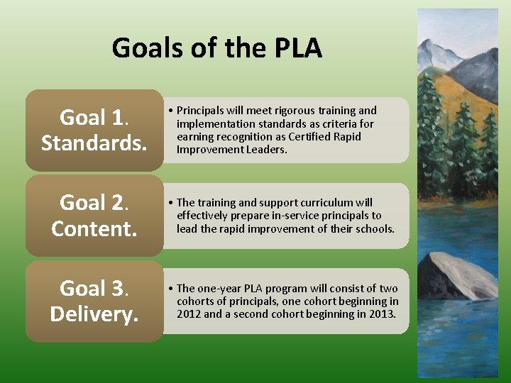 Goals of the PLA Goal 1. Standards. • Principals will meet rigorous training and