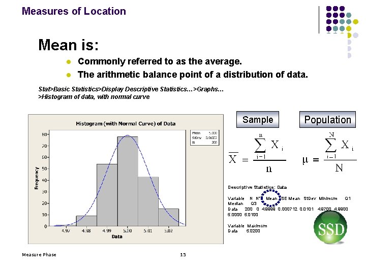 Measures of Location Mean is: l l Commonly referred to as the average. The