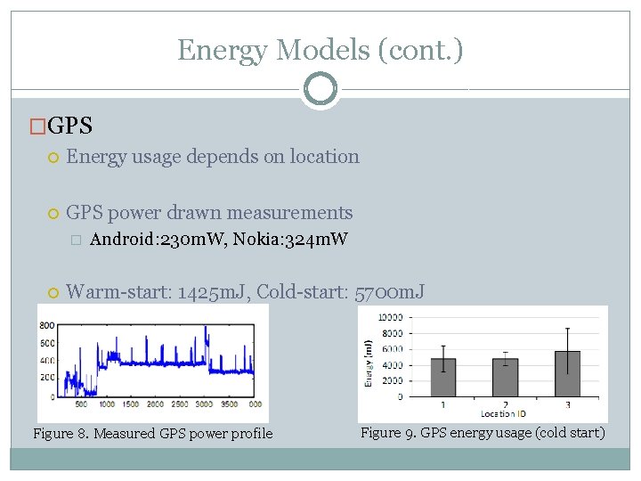 Energy Models (cont. ) �GPS Energy usage depends on location GPS power drawn measurements