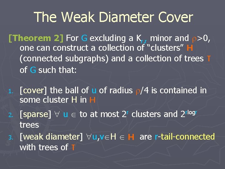 The Weak Diameter Cover [Theorem 2] For G excluding a Kr, r minor and