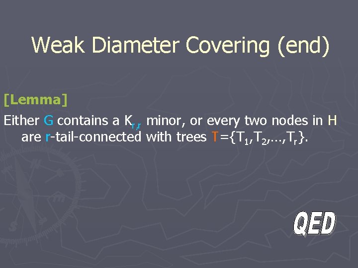 Weak Diameter Covering (end) [Lemma] Either G contains a Kr, r minor, or every