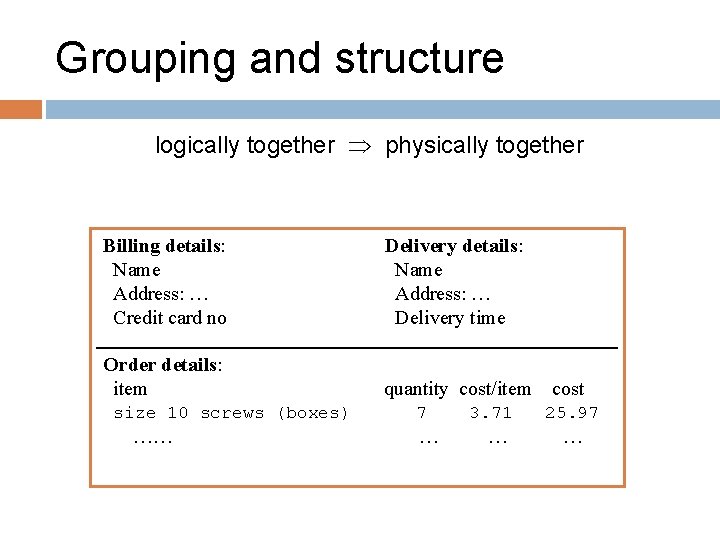 Grouping and structure logically together physically together Billing details: Name Address: … Credit card