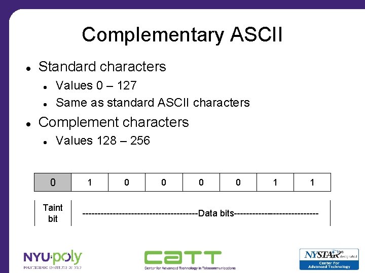 Complementary ASCII Standard characters Values 0 – 127 Same as standard ASCII characters Complement