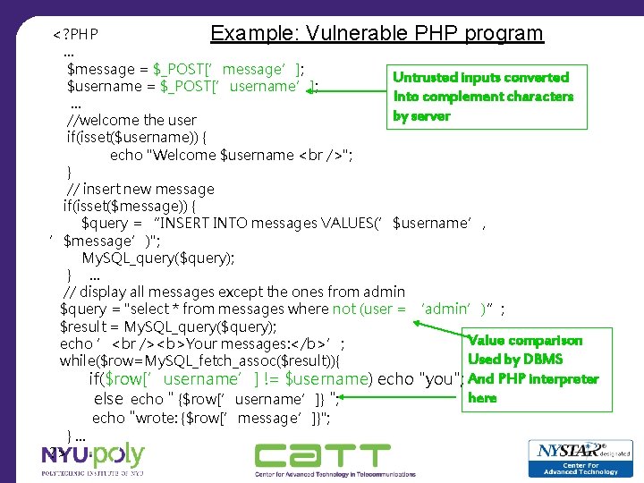 <? PHP Example: Vulnerable PHP program … $message = $_POST[’message’]; Untrusted inputs converted $username