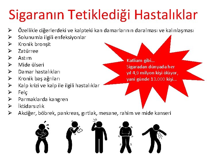 Sigaranın Tetiklediği Hastalıklar Ø Ø Ø Ø Özellikle ciğerlerdeki ve kalpteki kan damarlarının daralması