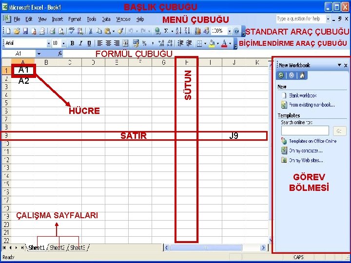 BAŞLIK ÇUBUĞU MENÜ ÇUBUĞU y STANDART ARAÇ ÇUBUĞU BİÇİMLENDİRME ARAÇ ÇUBUĞU FORMÜL ÇUBUĞU SÜTUN