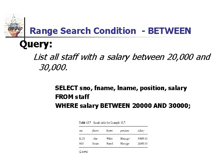 IST 210 Range Search Condition - BETWEEN Query: List all staff with a salary