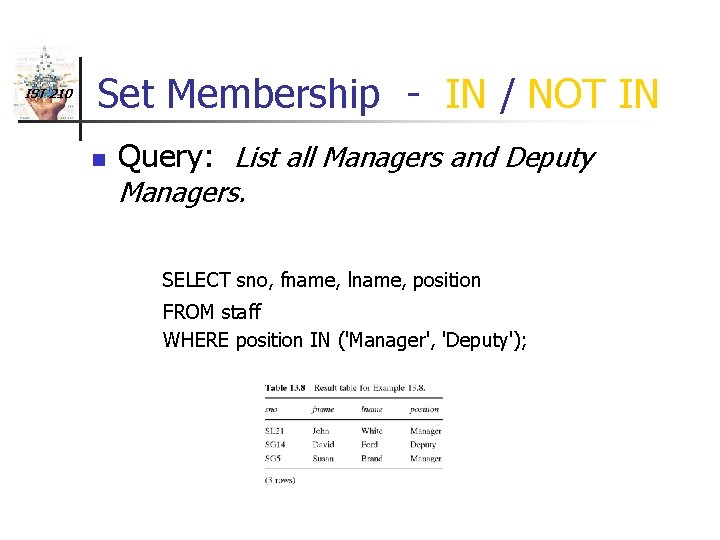 IST 210 Set Membership - IN / NOT IN n Query: List all Managers