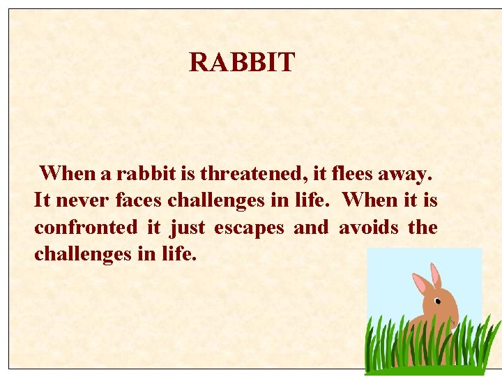 RABBIT When a rabbit is threatened, it flees away. It never faces challenges in