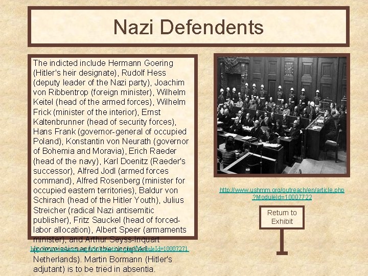 Nazi Defendents The indicted include Hermann Goering (Hitler's heir designate), Rudolf Hess (deputy leader