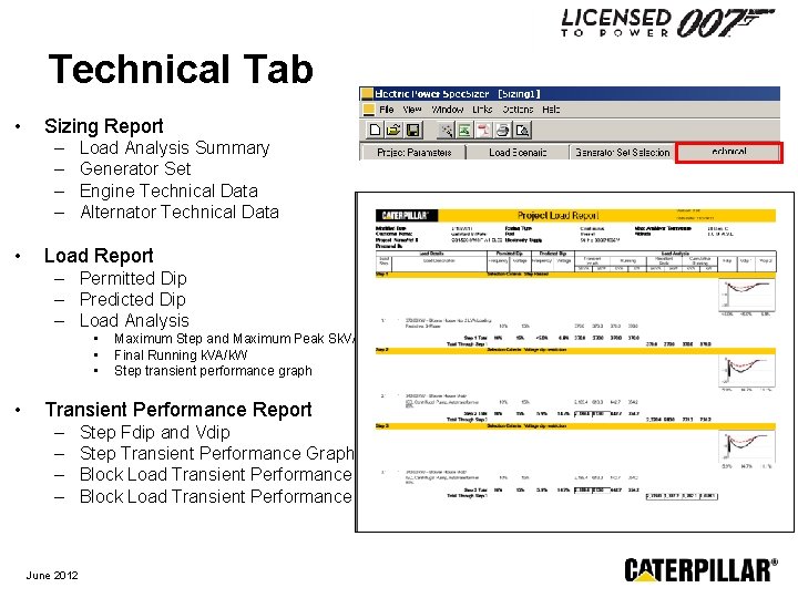 Technical Tab • Sizing Report – – • Load Analysis Summary Generator Set Engine