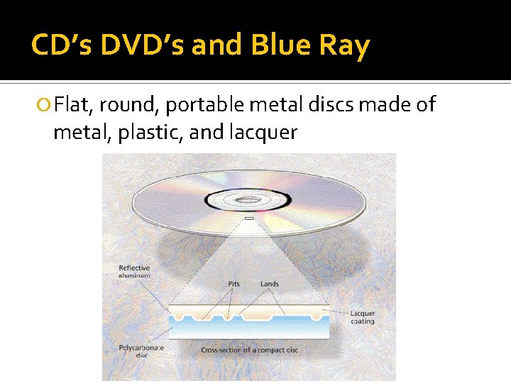 CD’s DVD’s and Blue Ray Flat, round, portable metal discs made of metal, plastic,