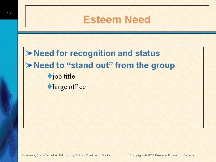 17 Esteem Need for recognition and status Need to “stand out” from the group
